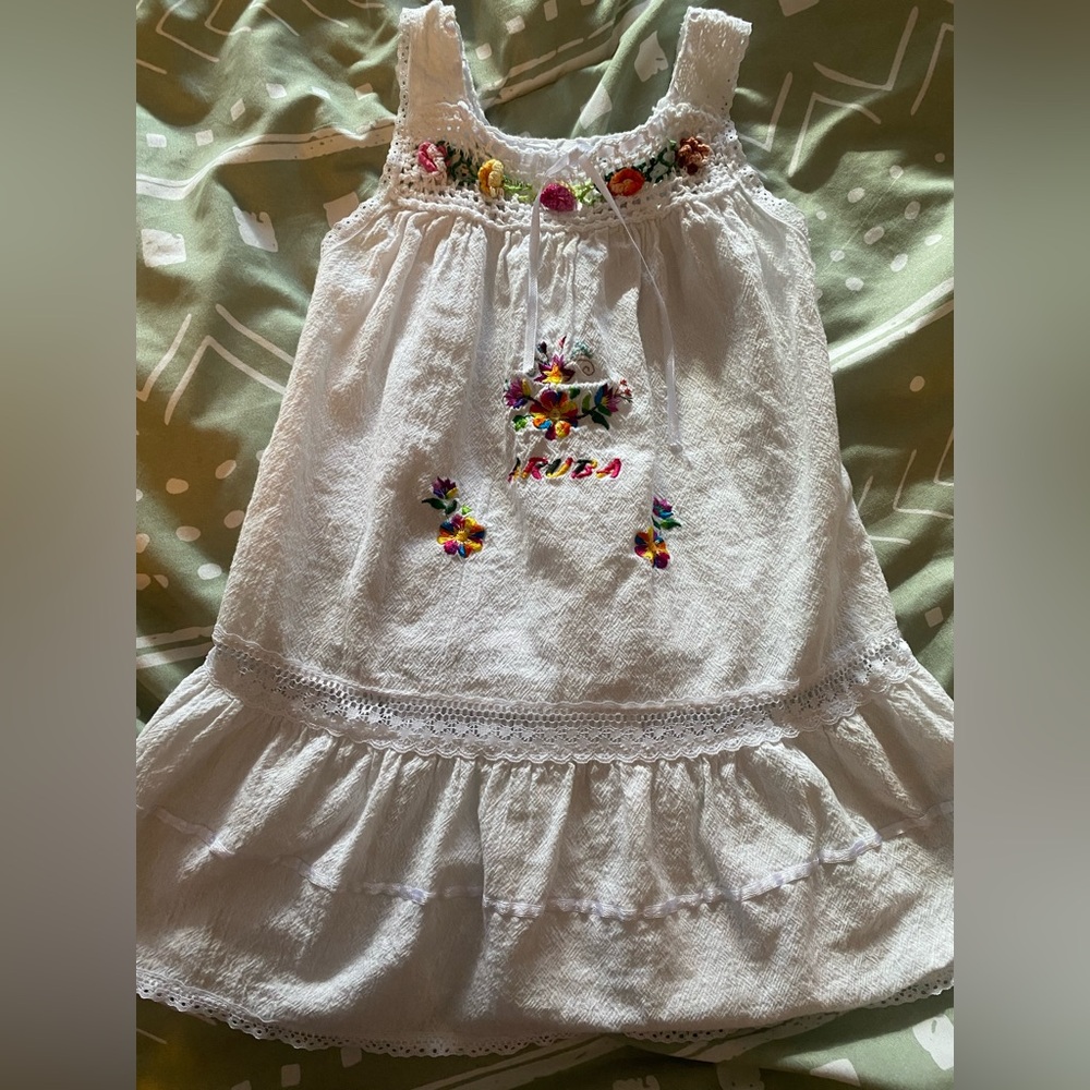White Embroidered Aruba island Caribbean Dress with Floral Accents